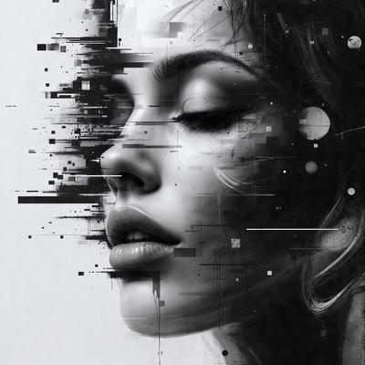 The primary subject of the image is a woman's face, which is the main focus of the image. The setting is a black and white background, giving the image a classic and timeless feel. The visual style is a combination of digital art and illustration, creating a unique and artistic representation of the woman's face. The colors and mood of the image are predominantly black and white, with a touch of gray, giving it a sophisticated and elegant appearance.